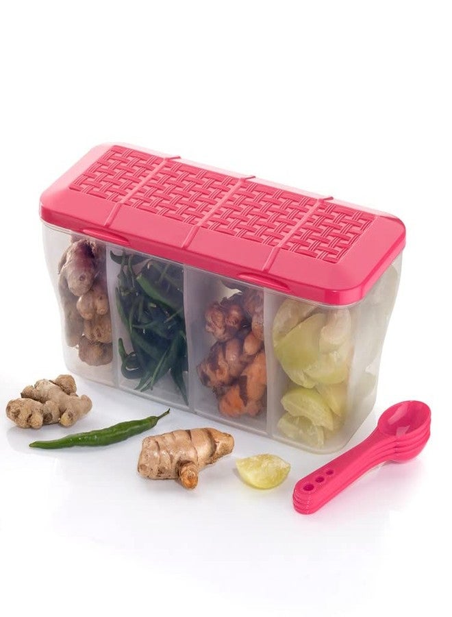 HAPPI Multipurpose Plastic 4 In 1 Masala Box for Kitchen, Spice Boxes for Kitchen, Transparent 4 Compartment Storage Containers Airtight Grocery, Dry Fruits Box 1800 Ml with 4 Spoons (Pink) - Image 1